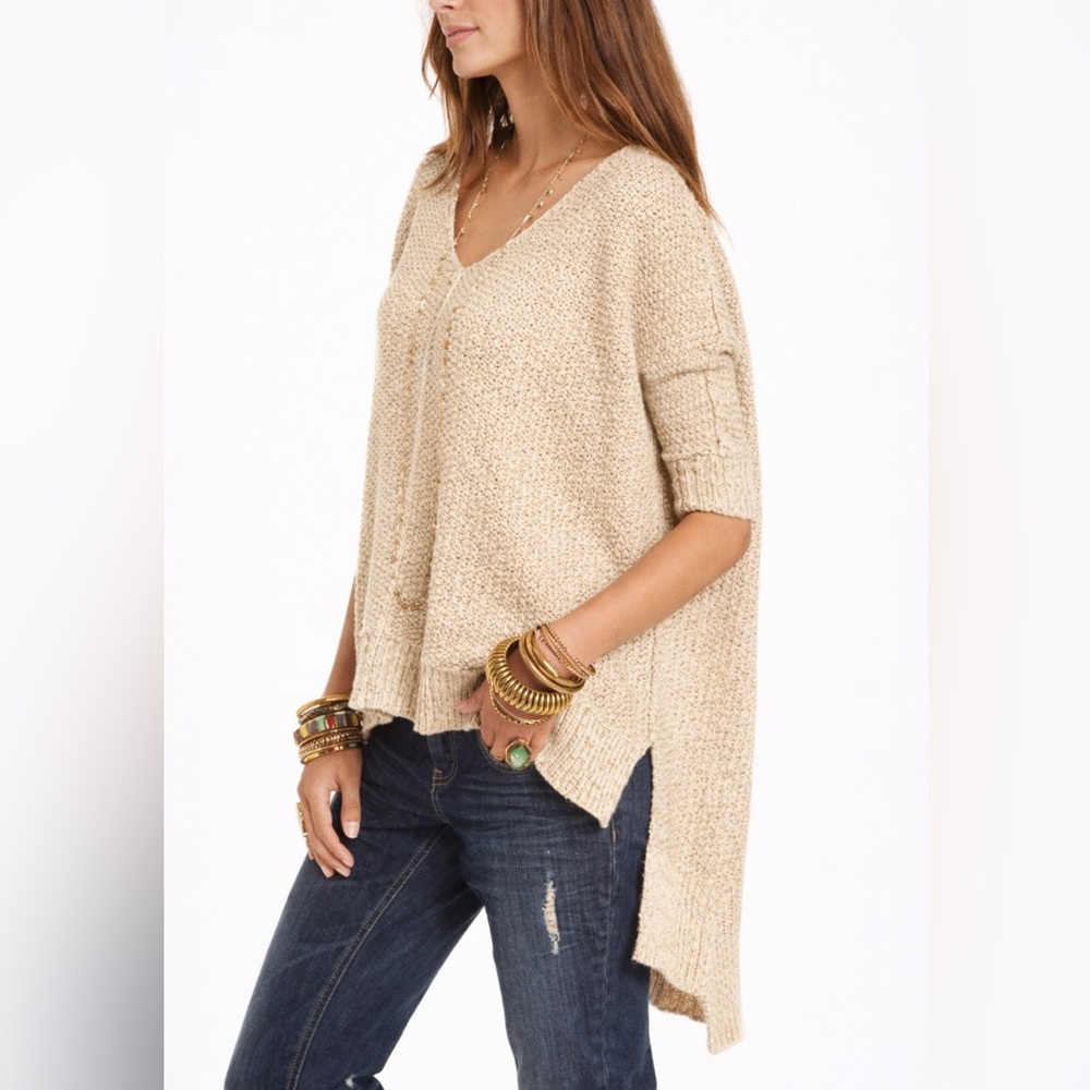 Free People Tunic Sweater Small Neutral Cotton Blend Oversized V Neck Boho